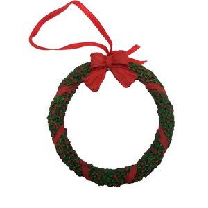 Vintage Christmas Wreath Ornament Holiday Plastic Resin Red Ribbon Bow 3 inch